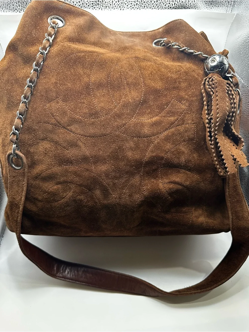 CHANEL Brown Suede Hobo Bag with Chain Handles and Tassle